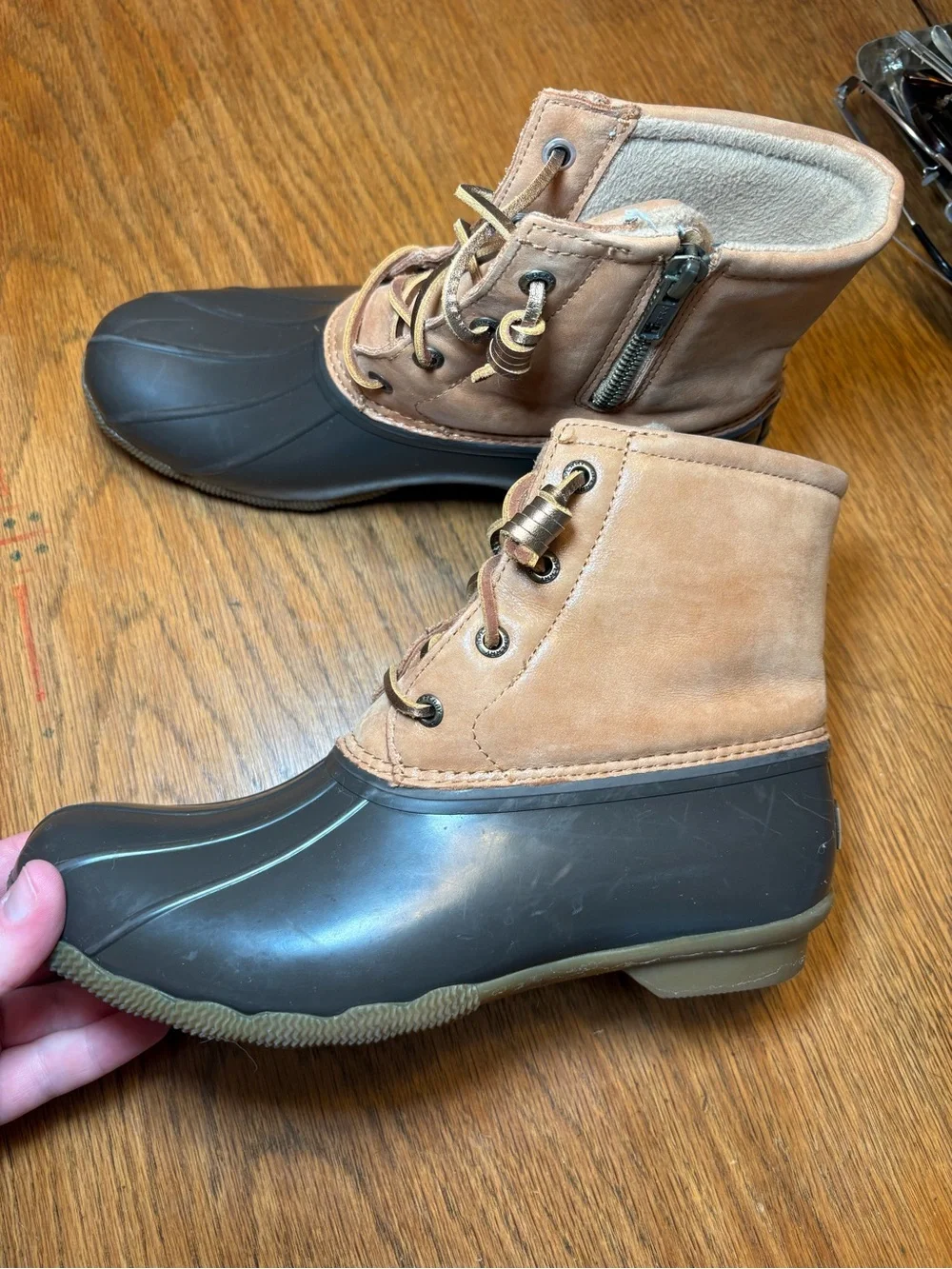 Sperry Saltwater Duck Boots Tan Leather Dark Brown Waterproof Rain Boots Size 8